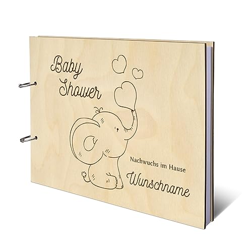 Personalisiertes Babyparty Gästebuch Holz DIN A4 Babyshower Taufe Erinnerungsbuch Gravur - Herz-Elefant - mit 72 Blatt / 144 Seiten Naturpapier Weiß von Kartenmachen.de