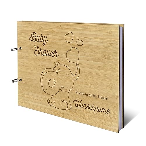 Personalisiertes Babyparty Gästebuch Holz DIN A4 Babyshower Taufe Erinnerungsbuch Gravur - Herz-Elefant - mit 72 Blatt / 144 Seiten Naturpapier Weiß von Kartenmachen.de