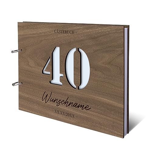 Individuelles Gästebuch zum 40. Geburtstag – Echtes Holz mit Persönlicher Gravur, Zahl ausgestanzt – hochwertige 72 Blatt / 144 Naturpapier Seiten, DIN A4 Quer – Ideal für bleibende Erinnerungen von Kartenmachen.de