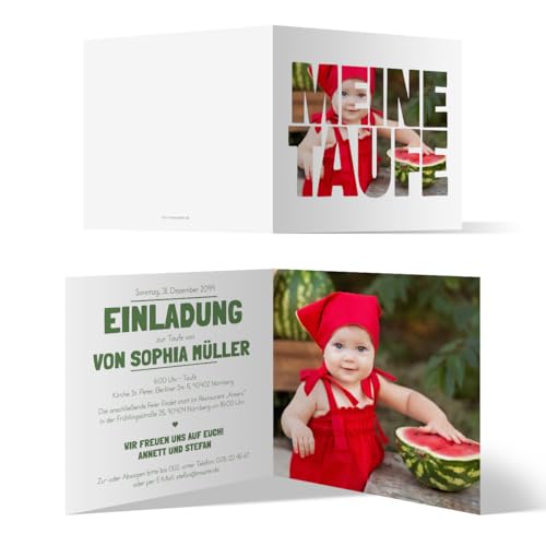 Personalisierte Taufe Einladungskarten (Sets 10 bis 100 Stück) - Fotoschrift - Taufeinladung Klappkarte quadratisch 148x148mm mit eigenem Bild und Text von Kartenmachen.de