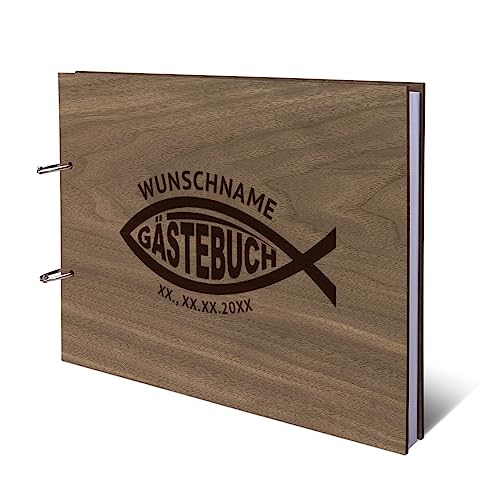 Taufe Konfirmation Kommunion Gästebuch Nussbaum Holzcover mit individueller Gravur inkl. 72 Naturpapier Blätter DIN A4 quer 302 x 215 mm - Jesus Fisch von Kartenmachen.de