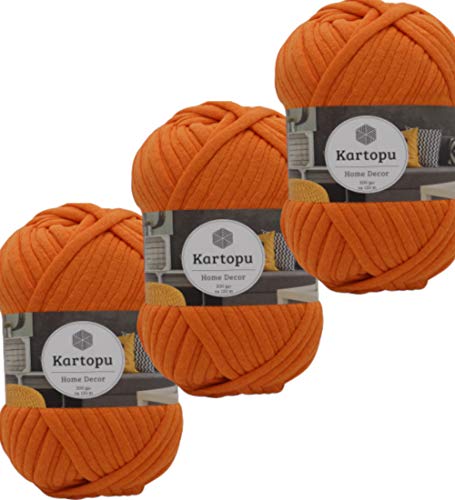 3x200gr Home Decor -weiches Textilgarn- gleichmäßige Einfärbung und Garnstärke- Häkelgarn für Kissenhüllen, Taschen, Häkeldecken- Jersey Garn in großer Farbauswahl (orange 1316) von Kartopu