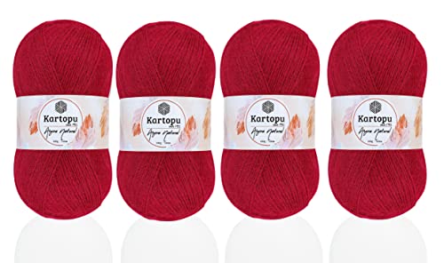 Kartopu Angora-Strickseil aus natürlicher Wolle, 4 Knäuel, je Knäuel, 100 g, dickes Winter-Strickgarn, rot 114 von Kartopu