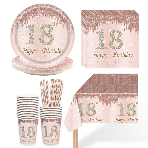 18 Geburtstag Pappgeschirr Set, 18. Geburtstag Mädchen Deko Enthält Pappbecher, Pappteller, Papierstrohhalme, Papierservietten, Tischtücher, Partygeschirr Set für 16 Personen von Kaseryao