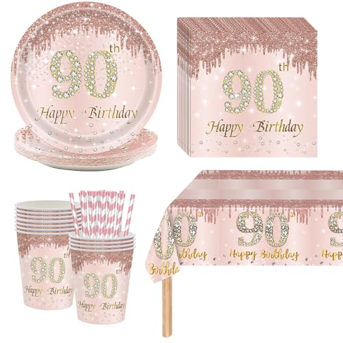 Deko 90 Geburtstag Frau - 90 Geburtstag Frauen Deko, Partygeschirr Pappteller Rosa, 90. Geburtstagsdeko Pappgeschirr Partyzubehör für 16 Personen Deko 90 Geburtstag Frau - 90 Geburtstag Frauen Deko, Partygeschirr Pappteller Rosa, 90. Geburtstagsdeko Pappgeschirr Partyzubehör für 16 Personen von Kaseryao