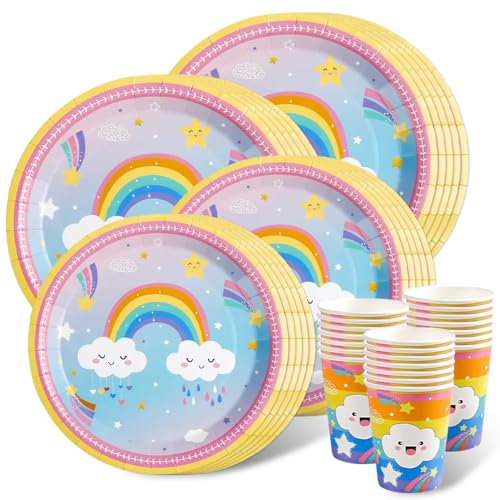 Kaseryao Regenbogen Deko Kindergeburtstag, Regenbogen Partygeschirr Pappgeschirr Set für 20 Gäste, Pappbecher, Pappteller Geburtstag, Tischdeko Geburtstag (Rosa) von Kaseryao