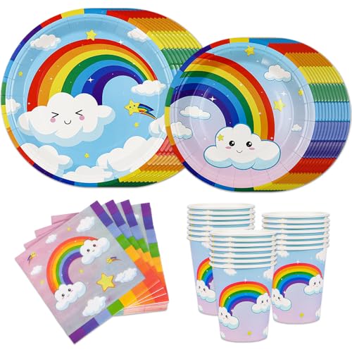 Kaseryao Regenbogen Deko Kindergeburtstag Einwegteller, Regenbogen Partygeschirr Pappgeschirr Set für 20 Gäste, Pappbecher, Pappteller Geburtstag, Serviette, Tischdeko Geburtstag (Blau) von Kaseryao