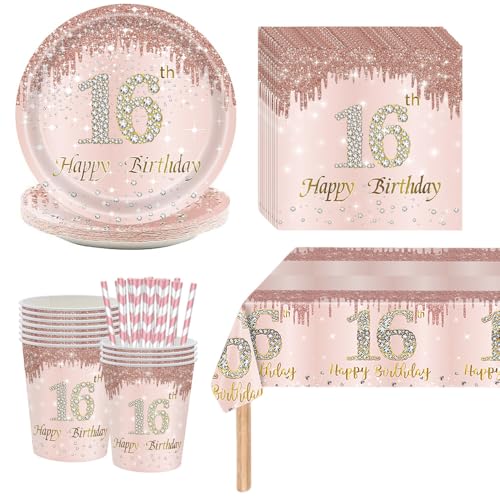 Sweet 16 Geburtstag Mädchen Deko Set - Partygeschirr Kindergeburtstag Pappteller Rosa, 16. Geburtstagsdeko Pappgeschirr Partyzubehör für 16 Personen, Tischdeko 16 Geburtstag Mädchen Sweet 16 Geburtstag Mädchen Deko Set - Partygeschirr Kindergeburtstag Pappteller Rosa, 16. Geburtstagsdeko Pappgeschirr Partyzubehör für 16 Personen, Tischdeko 16 Geburtstag Mädchen von Kaseryao