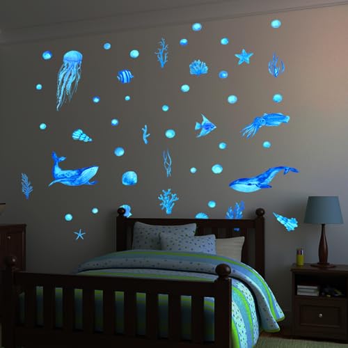 2 Stück Wandsticker Leuchtaufkleber Wandtattoo Leuchtend Ozean Meerestiere Fluoreszierend Wandaufkleber, Ozean Aufkleber Unterwasserwelt Meereswelt Leuchtaufkleber Für Kinderzimmer Dekorative Blau von Kaslaider