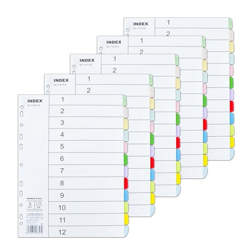 5er-Packung Ordner Trennblätter A4, Trenner Ordner 12 Teil-12 Farben Trennblätter für Ordner, 11 Löcher Gestanzt mit Digitalen Abdeckungen Ringbuch Register Index-Teiler Registerblätter von Kaslaider