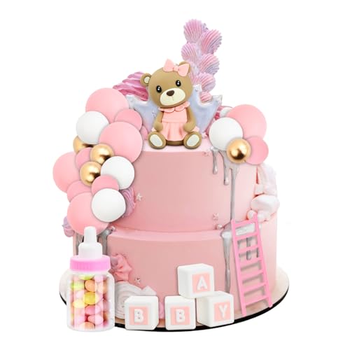 Tortendeko für Mädchen und Baby Babyparty Kuchen Deko, mit Rosa Kleiner Bär Puppen und DIY Kuchentopper Kugeln, Ideal für Baby Junge Mädchen Geburtstag Party Deko von Kaslaider