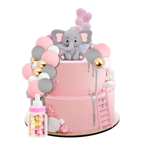 Tortendeko für Mädchen und Baby Babyparty Kuchen Deko, mit Rosa Kleiner Elefant Puppen und DIY Kuchentopper Kugeln, Ideal für Baby Junge Mädchen Geburtstag Party Deko von Kaslaider