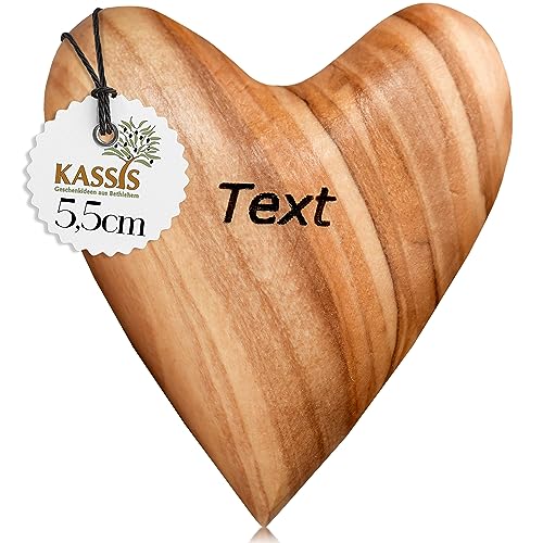 Kassis Geschenkartikel Olivenholz Herz Handschmeichler Glücksbringer Hochzeit Verlobung Jubiläum Handarbeit mit einzigartiger Maserung (5,50 cm mit Wunschtext, 1 Stück) von Kassis Geschenkartikel