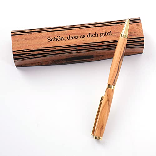 Kassis Geschenkartikel Olivenholz Kugelschreiber - Handgemacht mit schöner Maserung und Wunschtext in eleganter Holzschachtel - personalisierter Kugelschreiber (Schön, dass es dich gibt) von Kassis Geschenkartikel