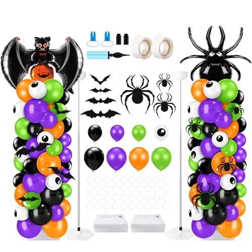 Kasyat 2 Sets Halloween-Ballonsäulenständer-Set mit 200 schwarzen, orangefarbenen, violetten Augenballons und Spinnenfledermaus-Aufklebern, verstellbarer Ballon-Girlandenbogen für von Kasyat