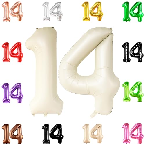 KatchOn, Gaint Creme White 14 Ballon Zahl - 40 Zoll | 14 Geburtstag Ballon Dekor | 14 Geburtstag Dekorationen für Party | Creme Nummer 14 Ballon | 14 Jahre alt Ballon 14 Geburtstag Party Supplies von KatchOn