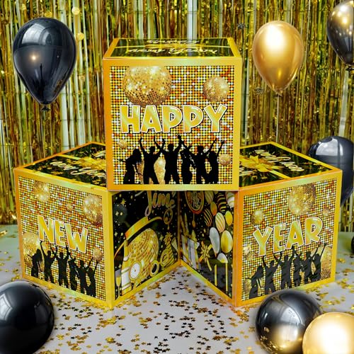 KatchOn, Happy New Year Ballonboxen - 30,5 cm, 6 Stück, Schwarz und Gold Neujahr Ballonbox 2025 | Happy New Year Dekorationen 2025 | Silvester Party Supplies 2025 | Silvester Boxen von KatchOn