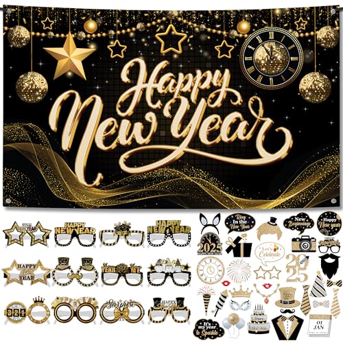 KatchOn, Silvester Party Supplies 2025 Set - 42 Stück | Kein DIY, 10 Fuß Happy New Year Banner | Happy New Year Photo Booth Requisiten Set und Neujahrsbrille | Happy New Year Dekorationen 2025 von KatchOn