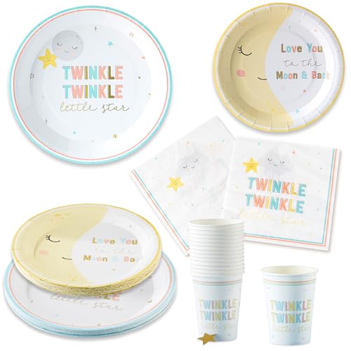 Twinkle Twinkle Baby Shower 78-teiliges Party-Set – Teller, Servietten, Tassen und Babyparty-Spiele (16 Gäste), Partyzubehör, Geschirr, Dekoration für Babyparty von Kate Aspen