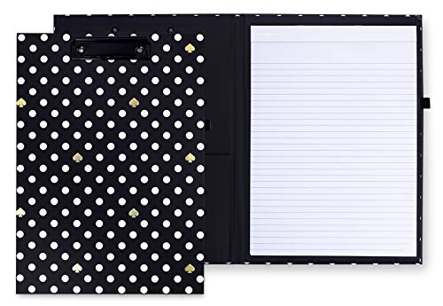 Kate Spade New York A4-Klemmbrett mit flachem Profil-Clip, schwarzes professionelles Padfolio mit liniertem Notizblock, Stiftschlaufe und Tasche, gepunktet von Kate Spade New York