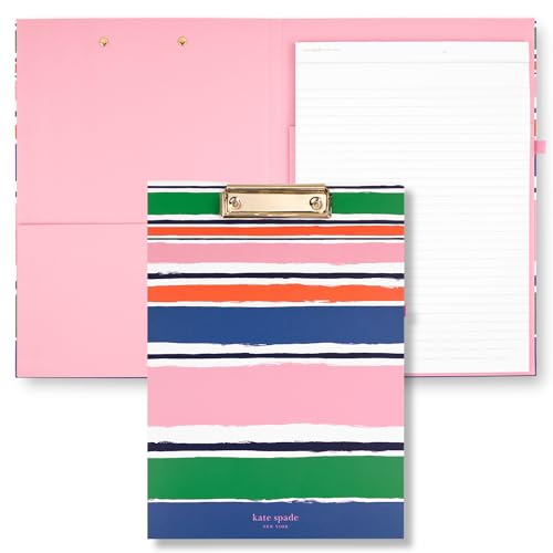 kate spade new york A4-Klemmbrett-Folie mit flachem Profil-Clip, professionelles Padfolio inklusive liniertem Notizblock, Stiftschlaufe und Tasche, Ozeanstreifen von Kate Spade New York