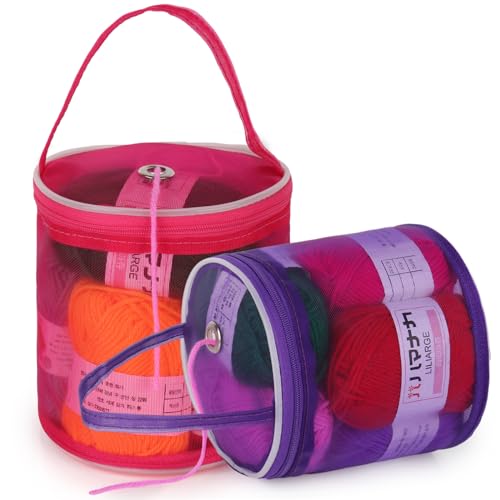 Katech 2 Stück Mesh Wolle Aufbewahrungstasche, Leichte Tragbare Garn Wolle Tasche, Stricken Tasche - Schützen und lagern Sie Ihr Garn (Lila+Rot) von Katech