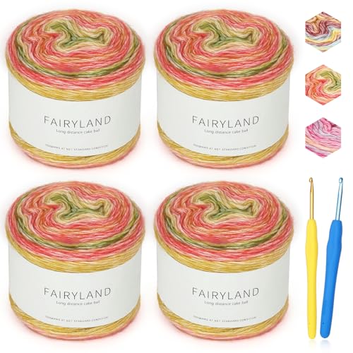 Katech Ombré-Garn zum Häkeln, Farbverlauf, Kuchengarn, 4 x 100 g, 60 % Baumwolle, 30 % Acryl, 10 % Wolle, Ombré-Garn, mehrfarbig, weiches Regenbogen-Baumwoll-Häkelgarn für Schals, Schals, Decken und von Katech