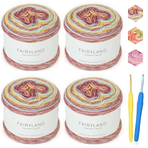 Katech Ombré-Garn zum Häkeln, Farbverlaufskuchengarn, 4 x 100 g, 60 % Baumwolle, 30 % Acryl, 10 % Wolle, Ombré-Garn, mehrfarbig, weiches Regenbogen-Baumwoll-Häkelgarn für Schals, Schals, Decken und von Katech