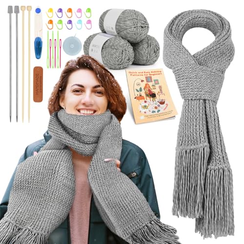 Katech Strickset für Anfänger, Schal-Strickset für Erwachsene, Stricken lernen, Strick-Starter-Set mit Schritt-für-Schritt-Anleitung (evtl. nicht in deutscher Sprache), genug Garn, Strickzubehör, wie von Katech