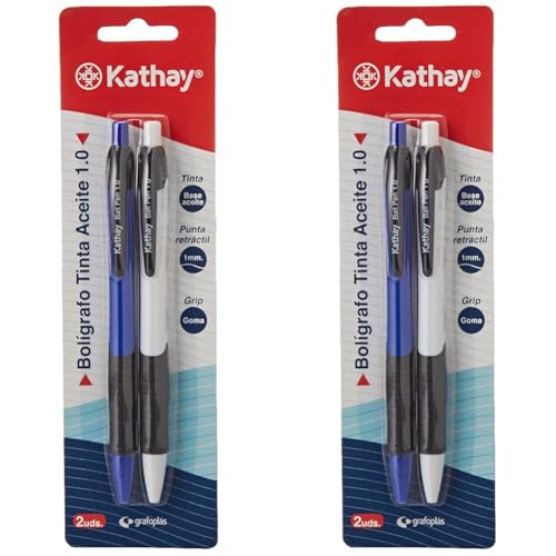 Kathay 86210499. Packung mit 2 Kugelschreibern mit Öltinte, Blau und Schwarz, 1 mm Spitze, perfekt für Büro (Packung mit 2) von Kathay