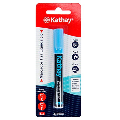 Kathay 86212630 Flüssigkreide-Marker, radierbar, blau, Spitze 5 mm, Tinte auf Wasserbasis, wendbare Spitze, ideal für Tafeln, Glas, Kunststoffe oder Spiegel von Kathay