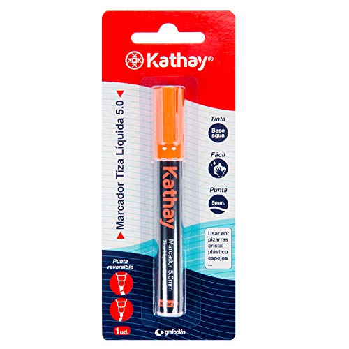 Kathay 86212652 Flüssigkreide-Marker, radierbar, orange, Spitze 5 mm, Tinte auf Wasserbasis, wendbare Spitze, ideal für Tafeln, Glas, Kunststoffe oder Spiegel von Kathay