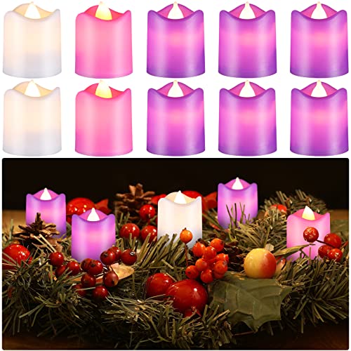 10 Stück Weihnachten Advent LED Votivkerzen LED Flammenlose Adventskerzen Set Fake Batteriebetrieben Advent LED Teelicht Kerzen Flackernde Teelichter Romantische Hochzeit Kerzen Lila Rosa Weiß von Kathfly