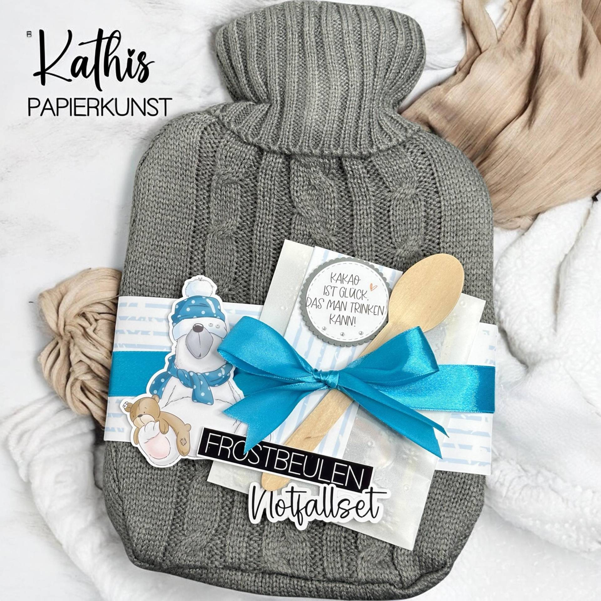 Frostbeulen- Notfallset - Wärmflasche- Winterset Geburtstagsgeschenk Gute Besserung Genesungsgeschenk Schokotrunk Kakao von KathisPapierkunst