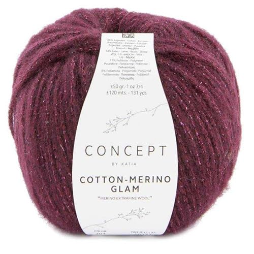 Concept 50g Cotton - Merino Glam - Farbe: 304 - bordeaux - ist die Glamour-Version von Cotton-Merino, unserem Garn der Reihe Concept by Katia, das bei den Fans von Naturfasern sehr beliebt ist. von Katia