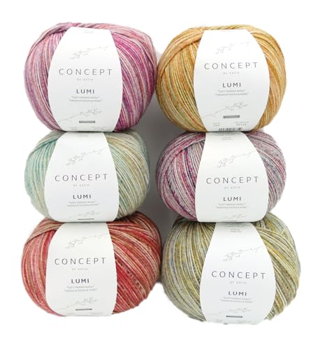 Katia Concept Lumi dicke Sockenwolle Paket 6-fädig, Merino Sockengarn 6-fach, 6ply, 6x150g=900g dicke Strumpfwolle mit Merinowolle | 75% Wolle, 25% Polyamid von Katia