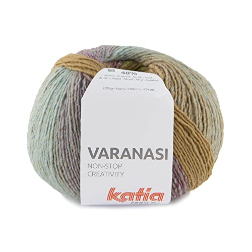 Varasi de Katia Wolle 150 Gramm 480 Meter, zum Stricken mit Nadeln 3½ - 4 oder Häkeln 4-4½ (Ocre Blue Purple (308)) von Katia