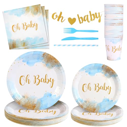 Katingqi Babyparty-Teller für Jungen, Babyparty-Dekorationen, staubiges Blau, Party-Zubehör, Oh Baby Boy Shower Teller und Servietten, Banner, Gabeln, Babyparty-Dekoration, Geschirr für 25 Gäste von Katingqi