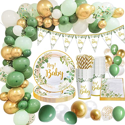 142 Stück Baby Partygeschirr Set, Babyparty Deko, Neutral Partygeschirr Set, Pappteller Kindergeburtstag mit Luftballons das Banner Tassen Strohhalme Servietten, für Babyparty, Brautparty (16 Gäste) von Katleay