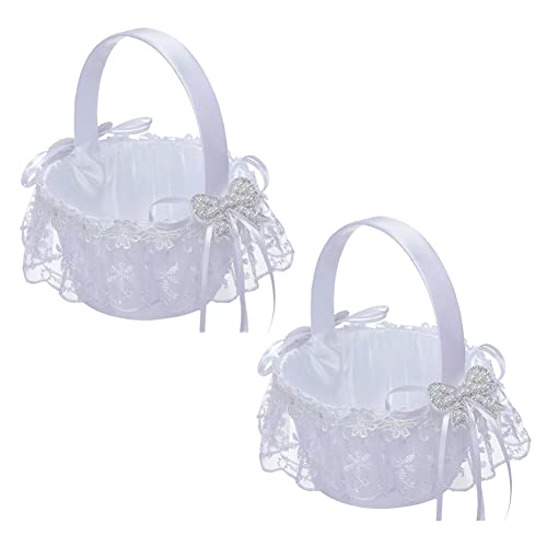 Katutude Streukörbchen Hochzeit Blumenmädchen Korb, 2 Stücke Weiß Hochzeit Blumenkorb, Blumenkörbchen mit Spitzen Schleifenrand, Mini Hochzeit Blumenkörbe für Romantische Hochzeit Party von Katutude