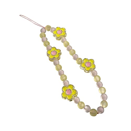 Perlen Telefon Lanyard Blumen Handykette Perlen Telefon Charms Armband Anti-verlorene Kette Handschlaufe Handy Schmuck Geschenk für Frauen, Gelb von Katutude