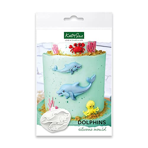 Katy Sue Delfine Silikonform für Kuchendekoration und Basteln, Meeresmotiv, 1 großer Delfin 11,5 cm x 3,5 cm und 1 kleiner Delfin 7,5 cm x 2,5 cm von Katy Sue