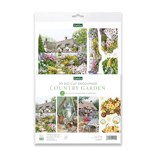 Katy Sue Designs Country Garden 3D-gestanzte Decoupagebögen für Kartenherstellung, Packung mit 12 Bögen mit Blumenmotiven für Kartenherstellung Zubehör mit Hütten, Gartenarbeit, Schubkarre und Blumen von Katy Sue