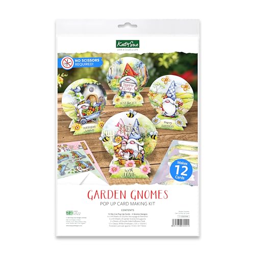 Katy Sue Designs Gartenzwerge, gestanztes Pop-Up-Kartenherstellungs-Set für Erwachsene, um 12 Karten zu machen, 12 Zwerge oder Gonk gestanzte Decoupage-Papierbögen & Kartenstützen, Umschläge & von Katy Sue