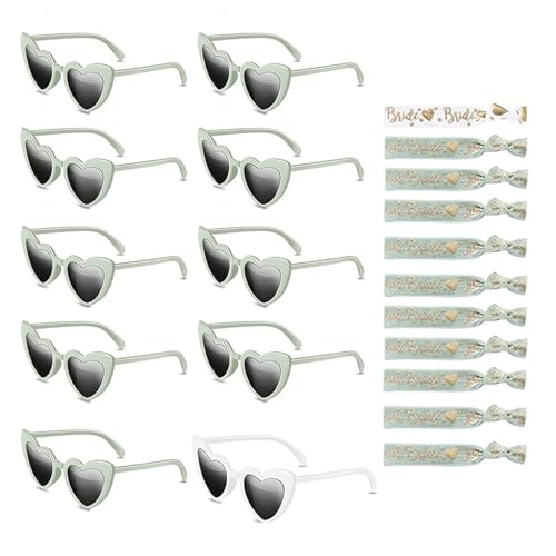 Katyjun 10PCS Herz Sonnenbrille Set Herzform Schwarz, Herzsonnenbrille mit 10PCS Braut Armbänder von Katyjun