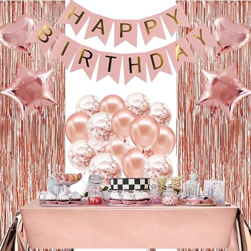 Geburtstagsdeko Frauen Mädchen Happy Birthday Girlande Party Deko Geburtstag Rosagold Partydeko Konfetti Luftballons Geburtstag Deko Tischdeko Vorhang Tischdecke von Kaucytue