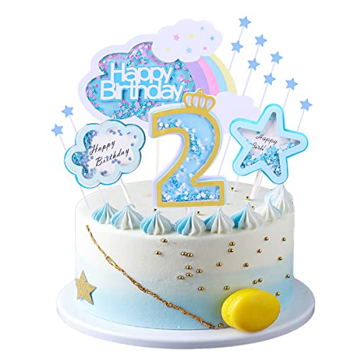 Kawailay 2 Geburtstag Tortendeko Junge 2st Geburtstag Kuchendeko Happy Birthday Regenbogen Cake Topper Wolken Sterne Kuchen Deckel für Baby Shower Junge Geburtstag Blau von Kawailay