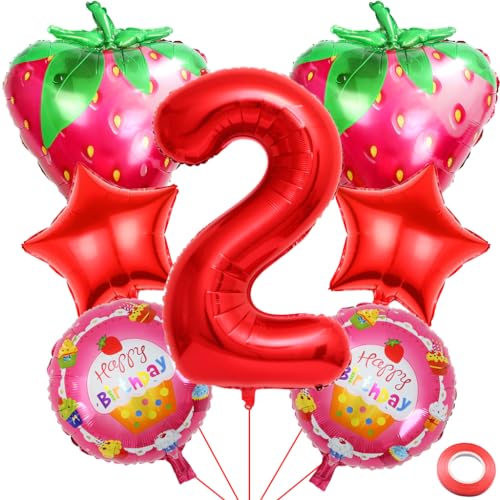 Kawailay 2. Erdbeer Geburtstag Deko Erdbeere 2. Geburtstag Deko Ballons Obst Erdbeere Folienballon Rot Zahl 2 Luftballon für Mädchen Geburtstag Party Motto Party von Kawailay