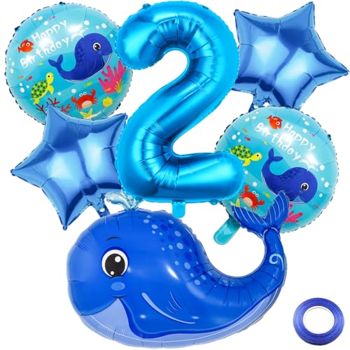 Kawailay 2. Wal Geburtstag Deko Meerestier 2. Geburtstag Deko Ballons Wal Folienballon Blau Zahl 2 Luftballon für Junge Mädchen Geburtstag Party Motto Party von Kawailay