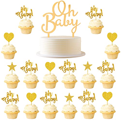 Kawailay 33 Stück Glitter Oh Baby Cupcake Toppers Gold Babyparty Tortendeko mit Herz und Star Acryl Oh Baby Kuchendeko für Baby Shower Kids Junge Mädchen Geburtstag Dekor von Kawailay